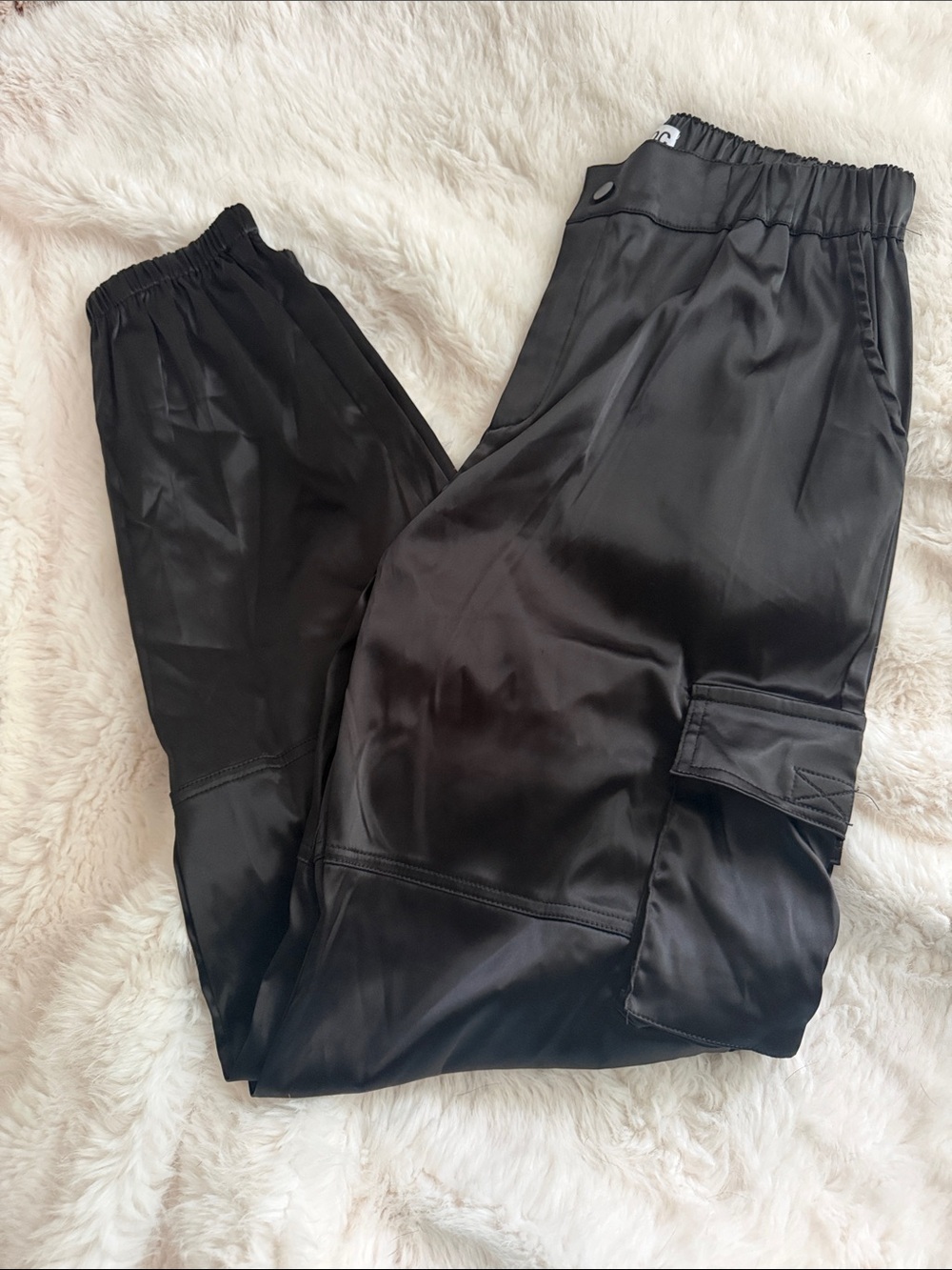 Women's Black Satin Cargo Track Joggers